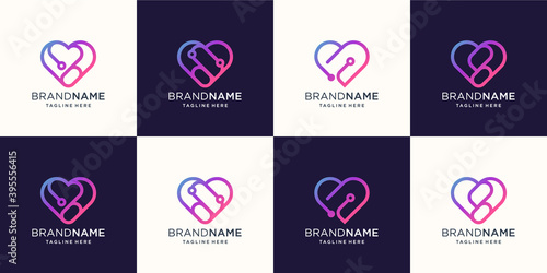 logo heart line abstract with tech or dot concept. design for business company,line art style,modern,gradient,colorful,vector illustration. Premium vector