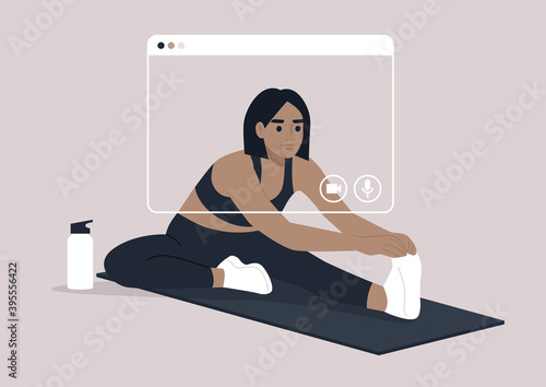 An online workout session, a young female character doing a hamstring stretch, sport and well being