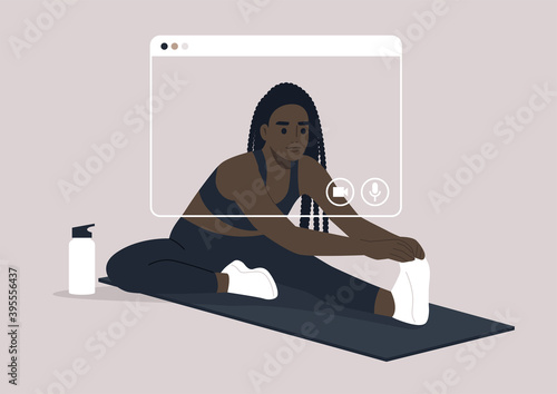 An online workout session, a young female Black character doing a hamstring stretch, sport and well being