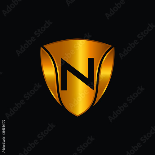 Golden Shield Logo Design for Letter N. Vector Realistic Metallic logo Template Design for Letter N. Golden Metallic Logo. Logo Design for cars, safety companies, and others.