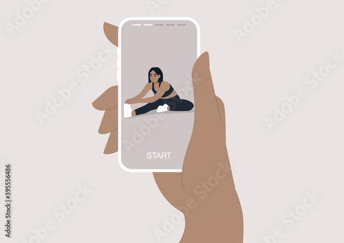 A mobile online workout session, a young female character doing a hamstring stretch, sport and well being