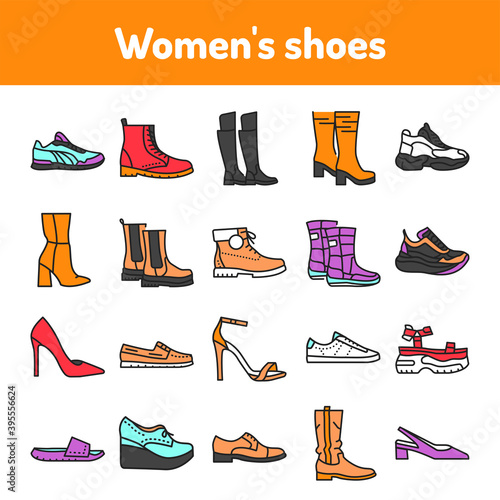 Womens shoes color line icons set. Pictograms for web page, mobile app, promo.