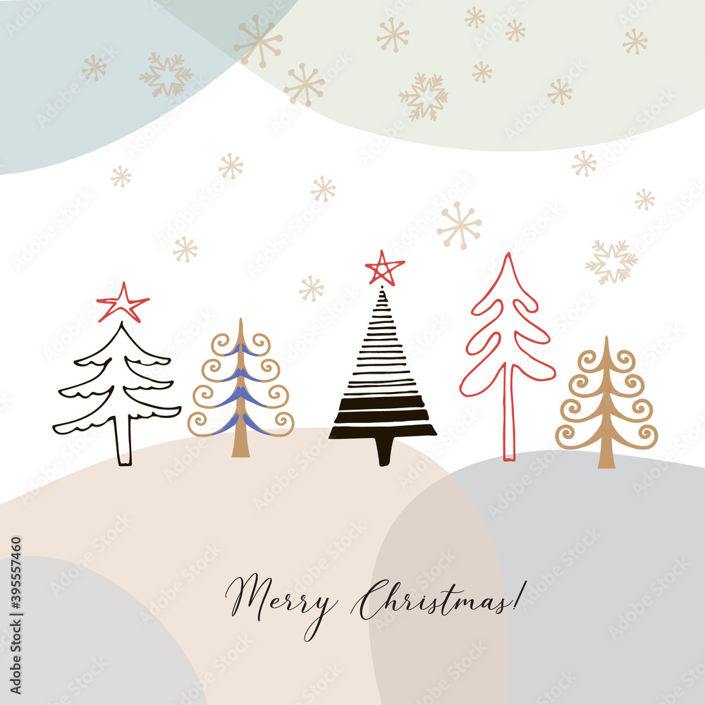 Cute hand drawn christmas card with doodle christmas trees on abstract colorful background, vector design concept