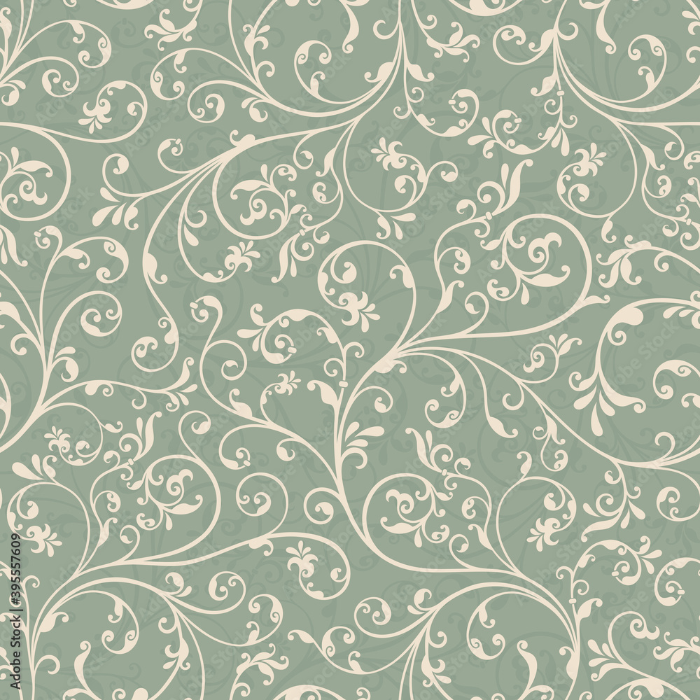 Seamless background baroque style green and beige color. Vintage Pattern. Retro Victorian. Ornament in Damascus style. Elements of flowers, leaves. Vector illustration. Seamless background baroque style green and beige color. Vintage Pattern. Retro Victorian. Ornament in Damascus style. Elements of flowers, leaves. Vector illustration.