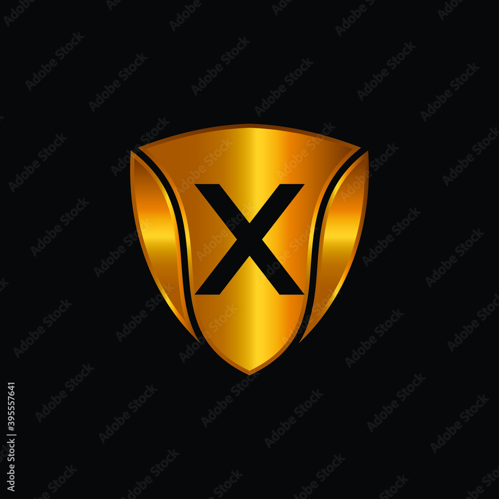 Golden Shield Logo Design for Letter X. Vector Realistic Metallic logo Template Design for Letter X. Golden Metallic Logo. Logo Design for cars, safety companies, and others.