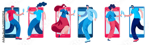 Boys and girls hold a party online. Concept of a vector illustration on the topic of virtual communication and social networks.