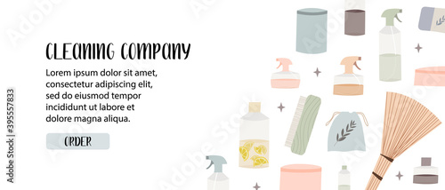 Natural household cleaners: soda, vinegar, lemon, laundry soap. Eco friendly detergents, chemical free. Zero waste lifestyle. Green home concept. Vector flat cartoon illustration, landing page, banner