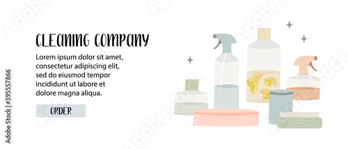 Natural household cleaners: soda, vinegar, lemon, laundry soap. Eco friendly detergents, chemical free. Zero waste lifestyle. Green home concept. Vector flat cartoon illustration, landing page, banner