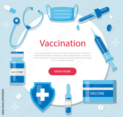 Vaccination background with copy space. Web design modern flat concept. Vector illustration with syringe with vaccine, bottle, ampoule, etc.