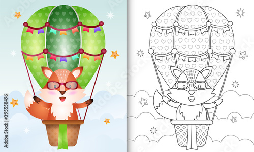 coloring book for kids with a cute fox on hot air balloon © riko_design