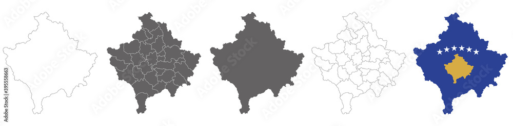 set of political maps of Kosovo with regions and flag map isolated on white background