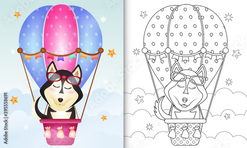 coloring book for kids with a cute husky dog on hot air balloon
