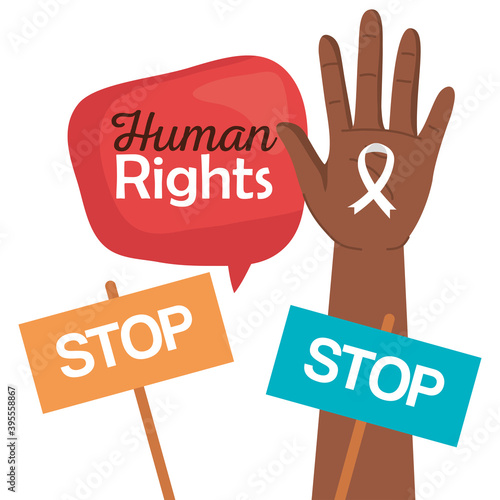 Human rights hand with ribbon and stop banners design, Manifestation protest and demonstration theme Vector illustration