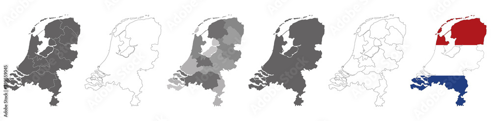 set of political maps of Netherlands with regions and flag map isolated on white background