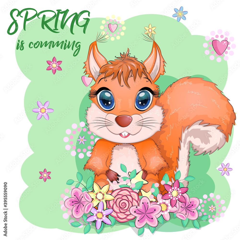 Couple of cute cartoon squirrel with beautiful eyes with flowers, wreath Couple of cute cartoon squirrel with beautiful eyes with flowers, wreath