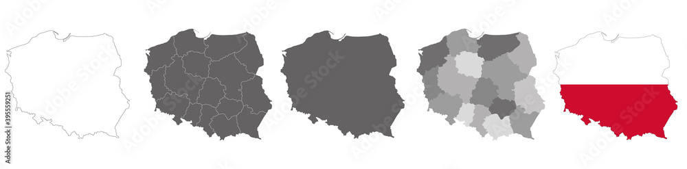 Fototapeta premium set of political maps of Poland with regions and flag map isolated on white background