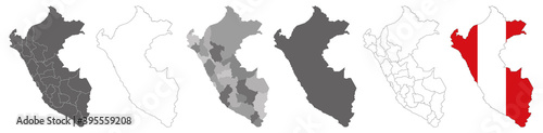 set of political maps of Peru with regions and flag map isolated on white background