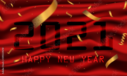 Happy new year 2021 template on a red silk background.