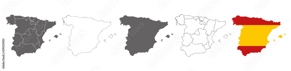 set of political maps of Spain with regions and flag map isolated on white background