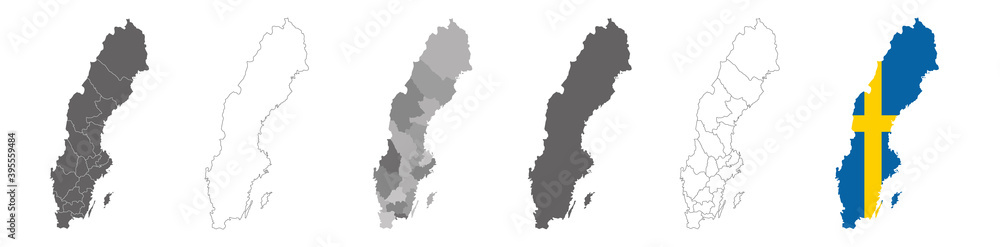 set of political maps of Sweden with regions and flag map isolated on white background