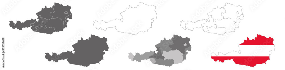 set of political maps of Austria with regions and flag map isolated on white background