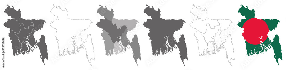 set of political maps of Bangladesh with regions and flag map isolated on white background set of political maps of Bangladesh with regions and flag map isolated on white background