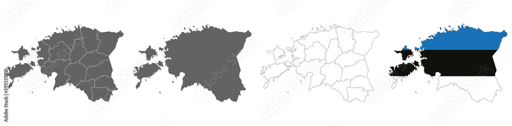set of political maps of Estonia with regions and flag map isolated on white background