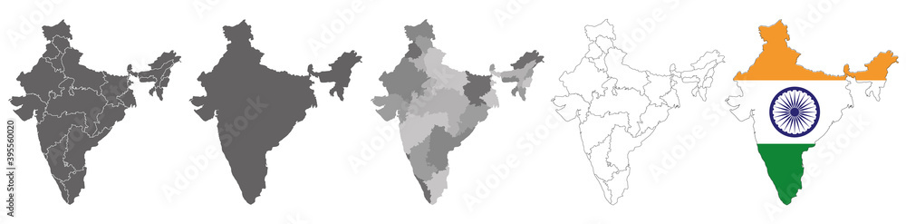 Obraz premium set of political maps of India with regions and flag map isolated on white background