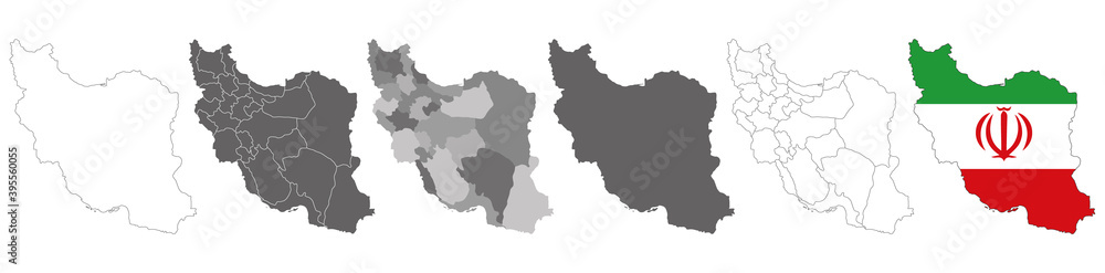 set of political maps of Iran with regions and flag map isolated on white background