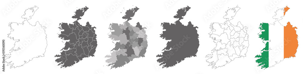 set of political maps of Ireland with regions and flag map isolated on white background