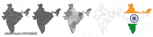 set of political maps of India with regions and flag map isolated on white background