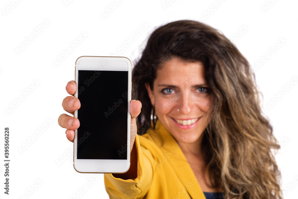 Young woman showing blank smartphone screen. Young woman showing blank smartphone screen.