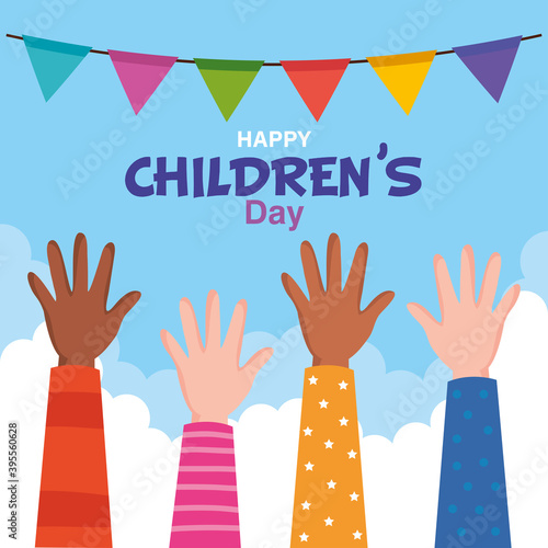 Happy childrens day with hands up design, International celebration theme Vector illustration