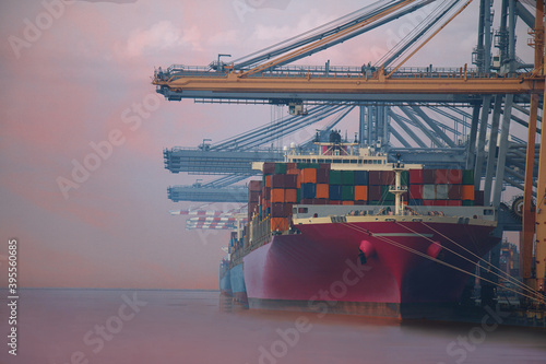 Pink ship container cargo entering commercial port, Logistics and transportation of container cargo pink ship and cargo logistic import export background and transport sunset twilight