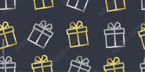 Seamless pattern with modern stylized illustration of gift boxes made of silver and gilden particles on dark backdrop photo