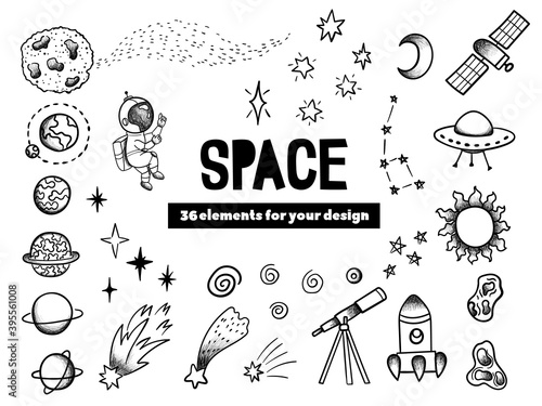 Hand drawn space banner template. Space doodle Vector illustration with cartoon rocket, planets, stars. Universe for your design