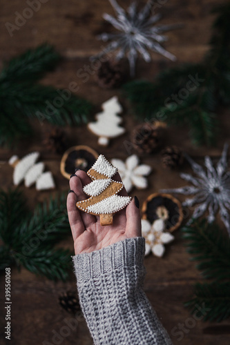 Gingerbread christams tree cookie with icing photo