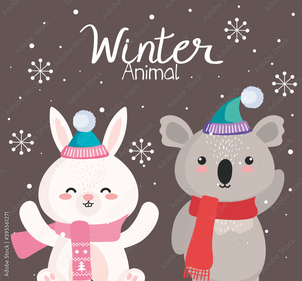 koala and rabbit cartoons in winter season design, merry christmas and decoration theme Vector illustration koala and rabbit cartoons in winter season design, merry christmas and decoration theme Vector illustration