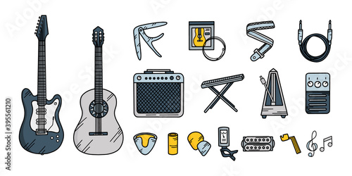 Guitar set in Doodle style. Classical and electro musical instruments, hand drawn vector illustration