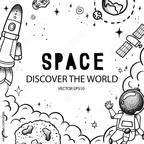Hand drawn space banner template. Space doodle Vector illustration with cartoon rocket, planets, stars. Universe for your design
