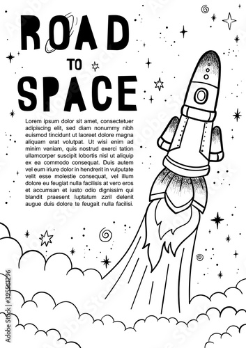 Hand drawn space banner template. Space doodle Vector illustration with cartoon rocket, planets, stars. Universe for your design
