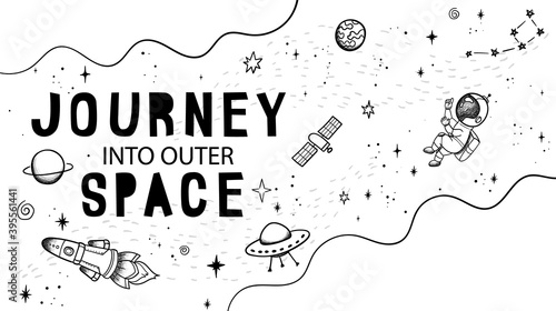 Hand drawn space banner template. Space doodle Vector illustration with cartoon rocket, planets, stars. Universe for your design