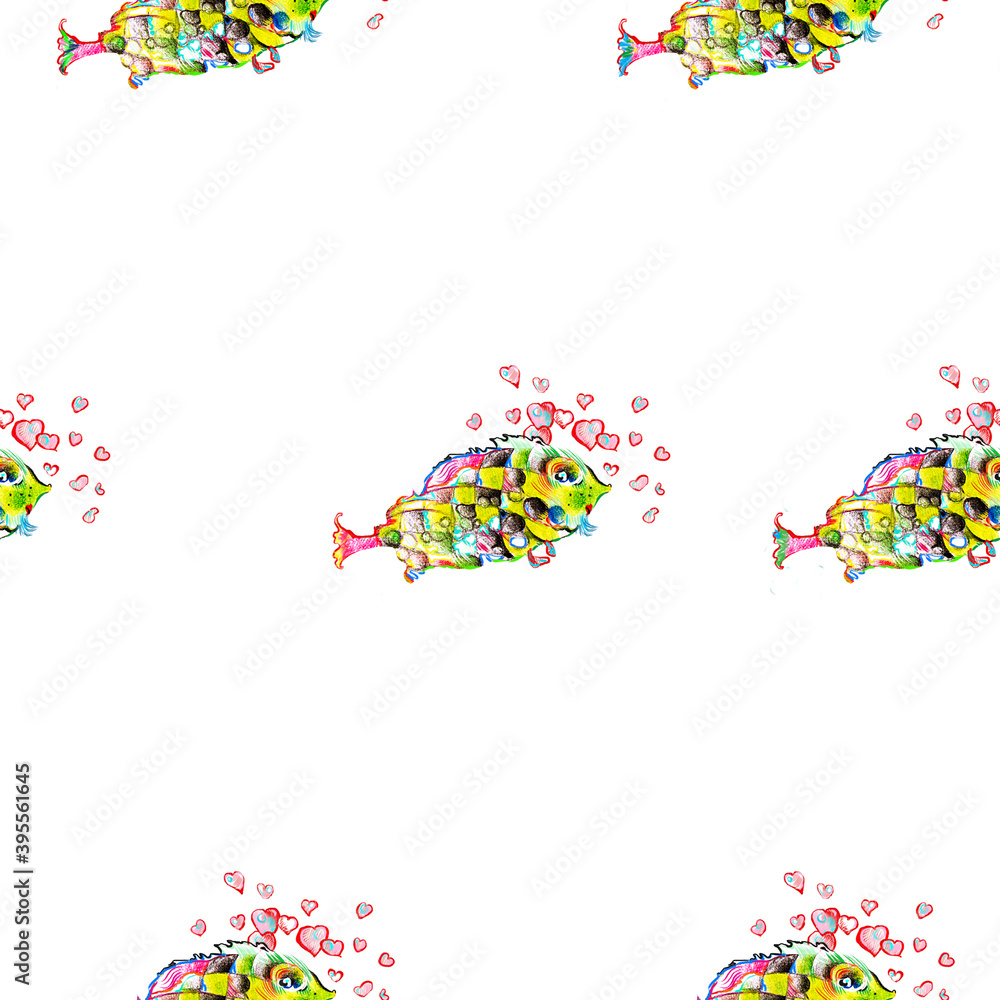 Raster pattern of fish. Colorful fish. Fishing, rest on the water. Seamless ornament. Pencil illustration. Colored pencils. Bright picture
