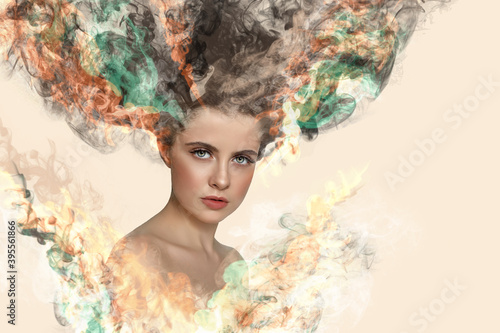 Fototapeta Naklejka Na Ścianę i Meble -  Portrait of a young brunette woman with an illustration of smoke
