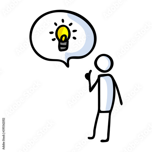 Hand drawn stickman with speech bubble lightbulb idea. Simple outline genius thought doodle icon clipart. For curious bright idea sketch illustration.