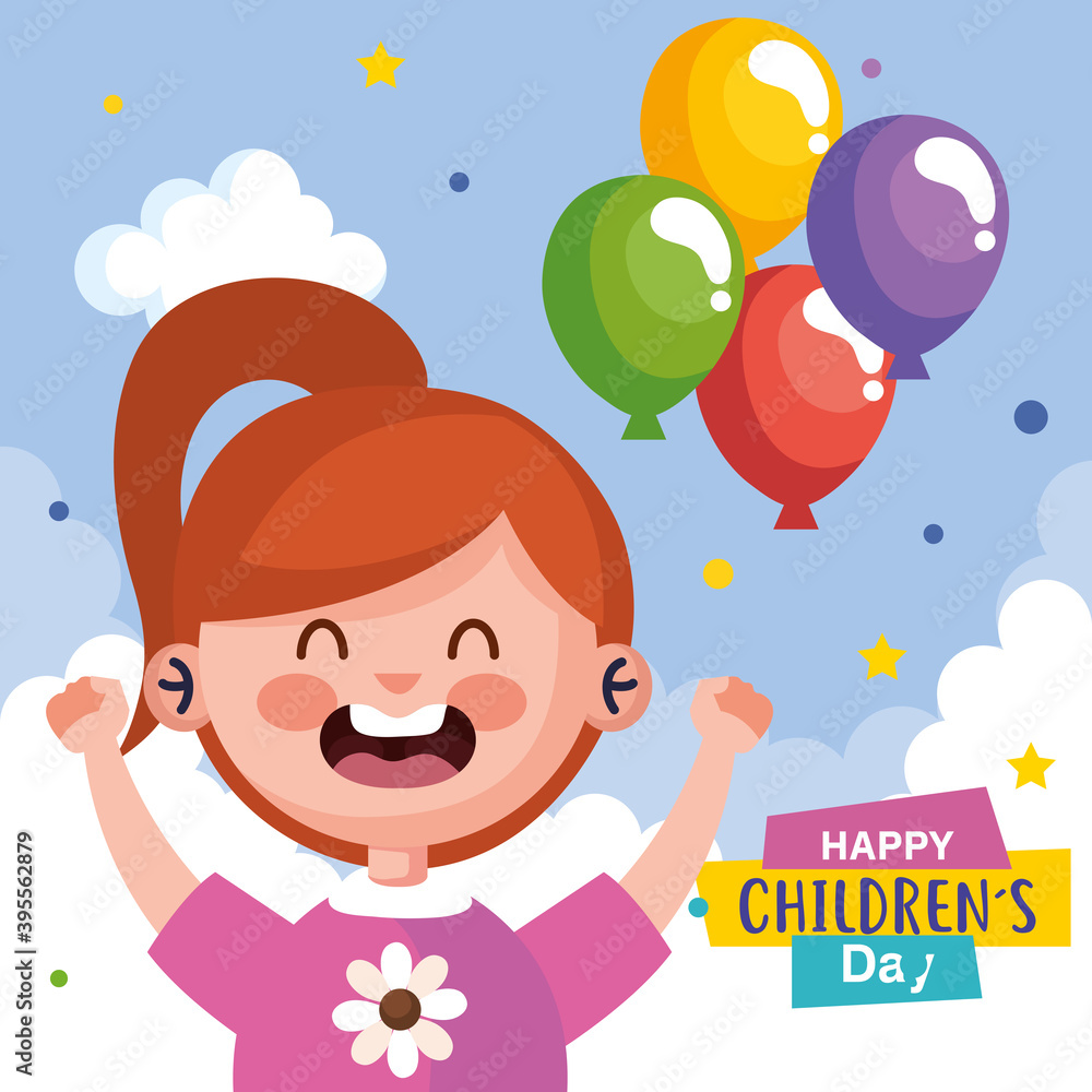 Happy childrens day with girl cartoon and balloons design, International celebration theme Vector illustration Happy childrens day with girl cartoon and balloons design, International celebration theme Vector illustration