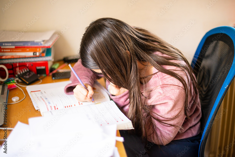 tenneagers studies in his room with many books and notebooks