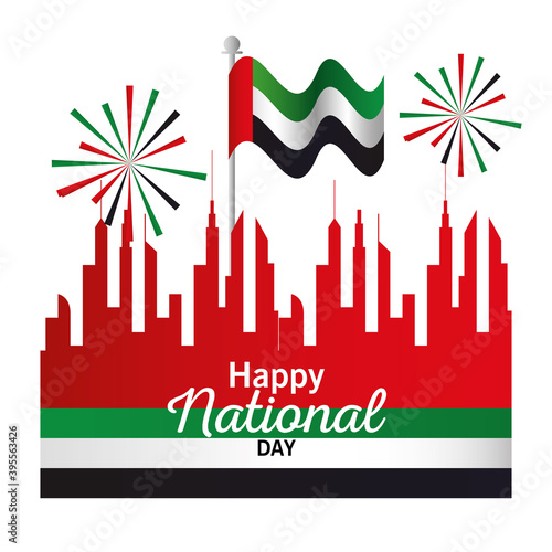 Uae national day with city buildings fireworks and flag design, arab spirit and holiday theme Vector illustration