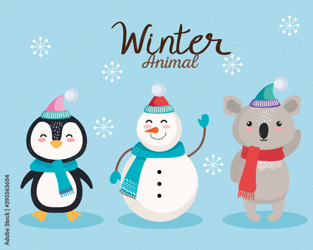 penguin snowman and koala cartoons in merry christmas season design, winter and decoration theme Vector illustration penguin snowman and koala cartoons in merry christmas season design, winter and decoration theme Vector illustration