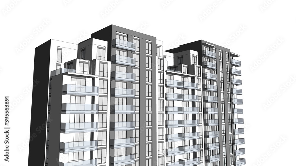 3D illustration of upper floors of a residence building façade in modern style. Perspective look from the left corner of the building. Terraces on upper floors. 3D illustration of upper floors of a residence building façade in modern style. Perspective look from the left corner of the building. Terraces on upper floors.